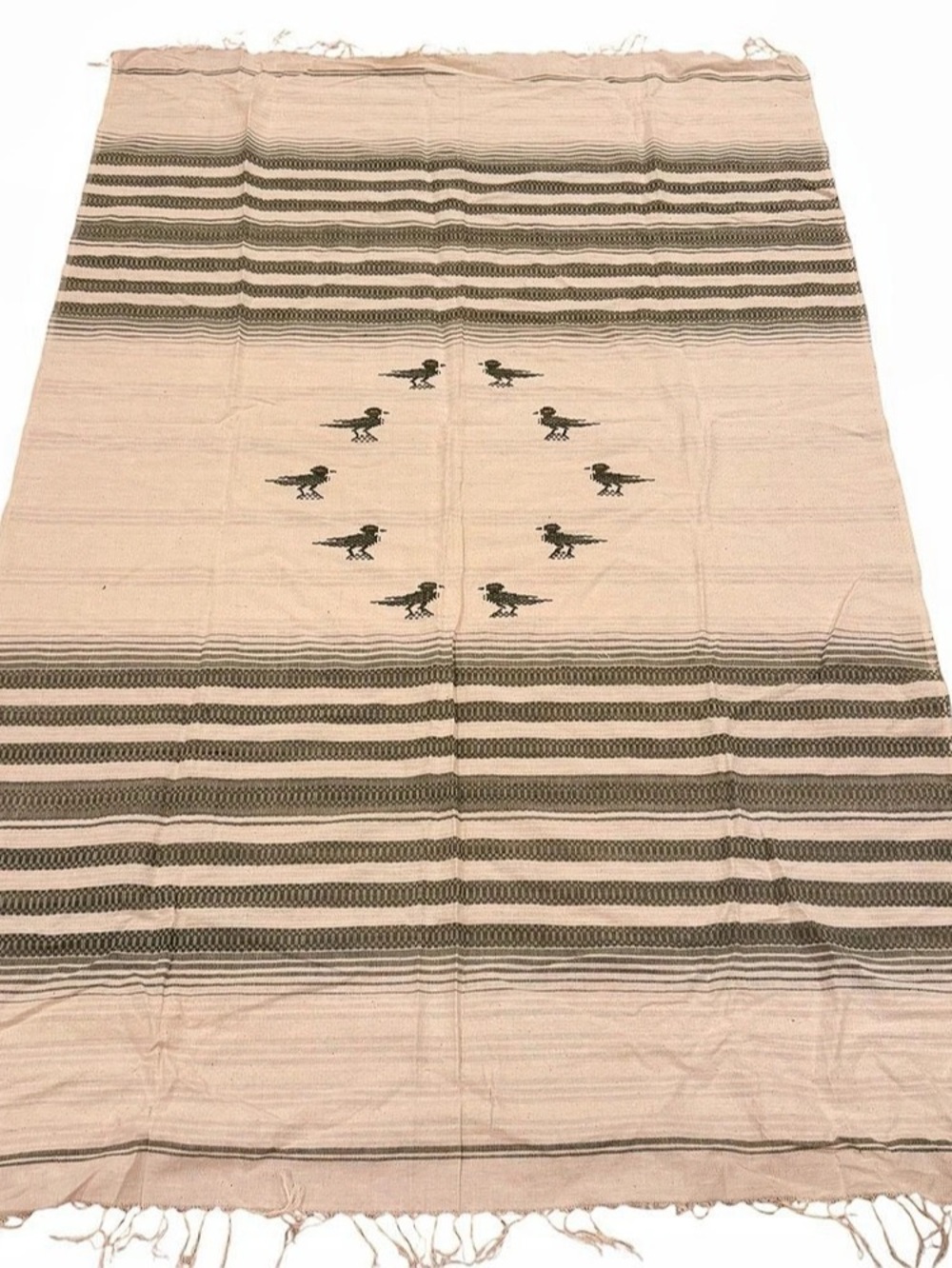 Vintage Handwoven Linen Textile Throw Blanket 75”x48” Striped Bird Motif Fringe